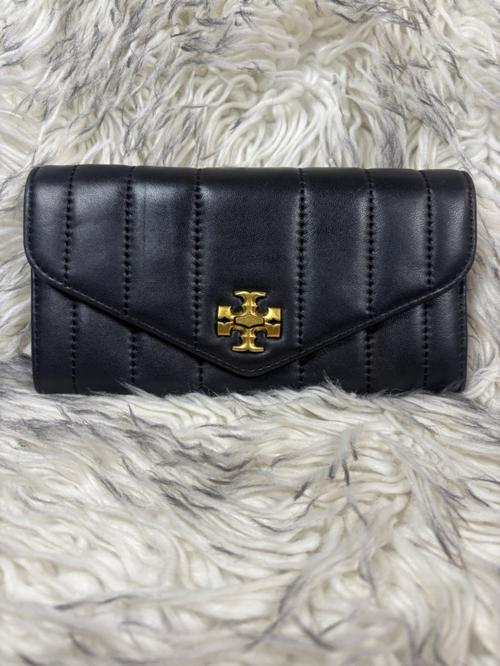 Tory Burch Kira Black Quilted Leather Envelope Wallet with Gold Logo